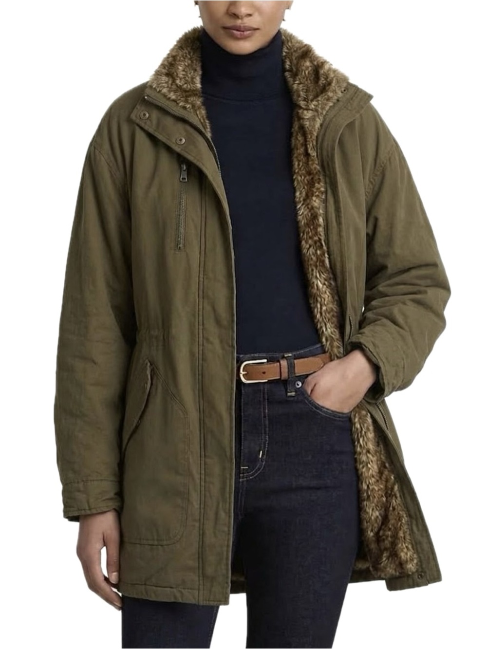 Barneys New York Faux Fur Lined Cargo Jacket Womens Size M Olive Y2K Parka Coat